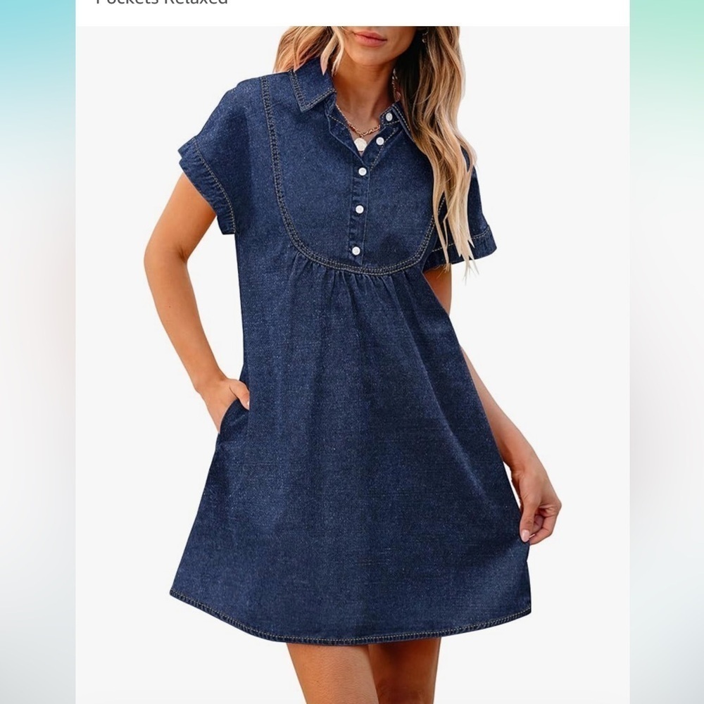 Women Summer Short Sleeve Button Down Collared Jean Dress Pockets Relaxed new